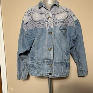 Vintage 80s Together! Denim Jacket Womens Size L Lace Yoke Oversized Retro